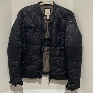 Deep Navy Well Worn Diesel Men’s Motorcycle Style Nylon and Leather Jacket